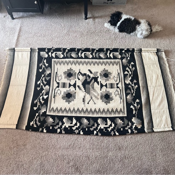 VTG 1940s Hand Woven Navajo Pictorial Rug 79x44.5” White/Cream/Black/Gray